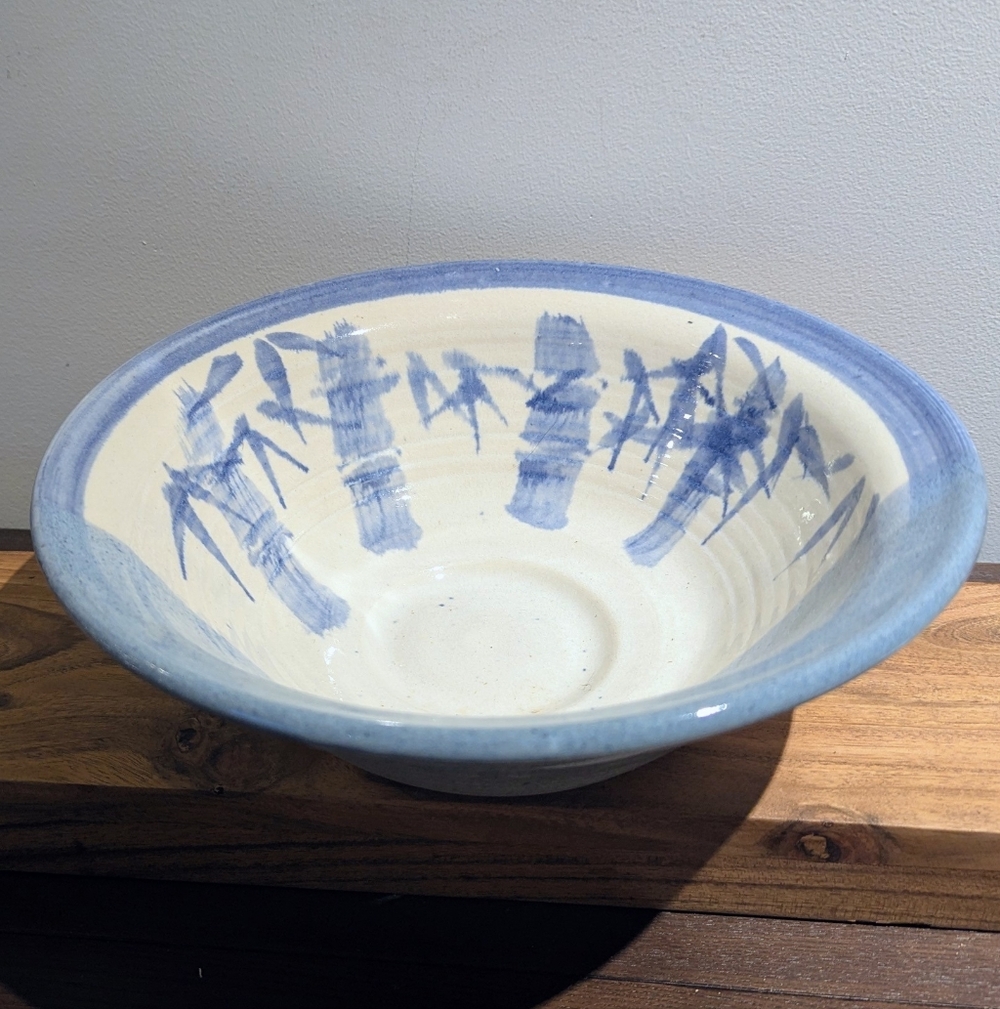 Signed Studio Pottery Bowl | Hand Thrown Stoneware | Blue & Cream Glaze